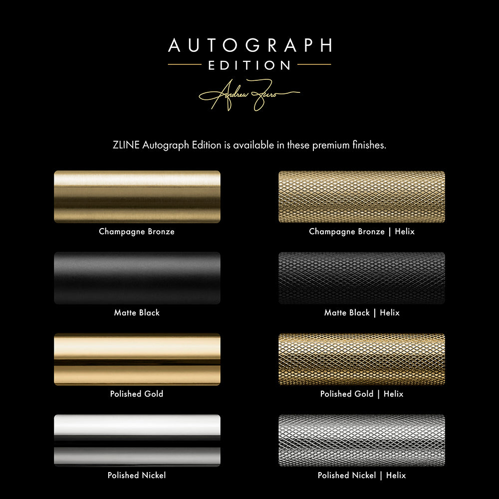 ZLINE Autograph Edition accent finish comparison chart. Top-to-bottom labeled: Champagne Bronze, Matte Black, Polished Gold, and Polished Nickel.