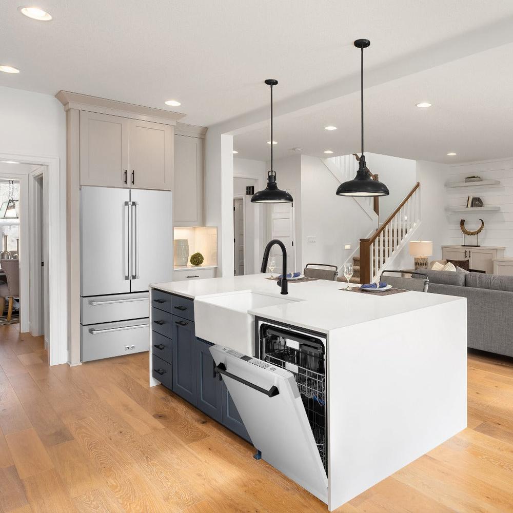 ZLINE Autograph Edition 24 in. Monument Series 3rd Rack Top Control Built-In Tall Tub Dishwasher in Stainless Steel with Matte Black Handle, 45dBa (DWMTZ-304-24-MB) built-in to cabinets in a luxury kitchen.
