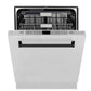 ZLINE Autograph Edition 24 in. Monument Series 3rd Rack Top Control Built-In Tall Tub Dishwasher in Stainless Steel with Matte Black Handle, 45dBa (DWMTZ-304-24-MB) front, half open.