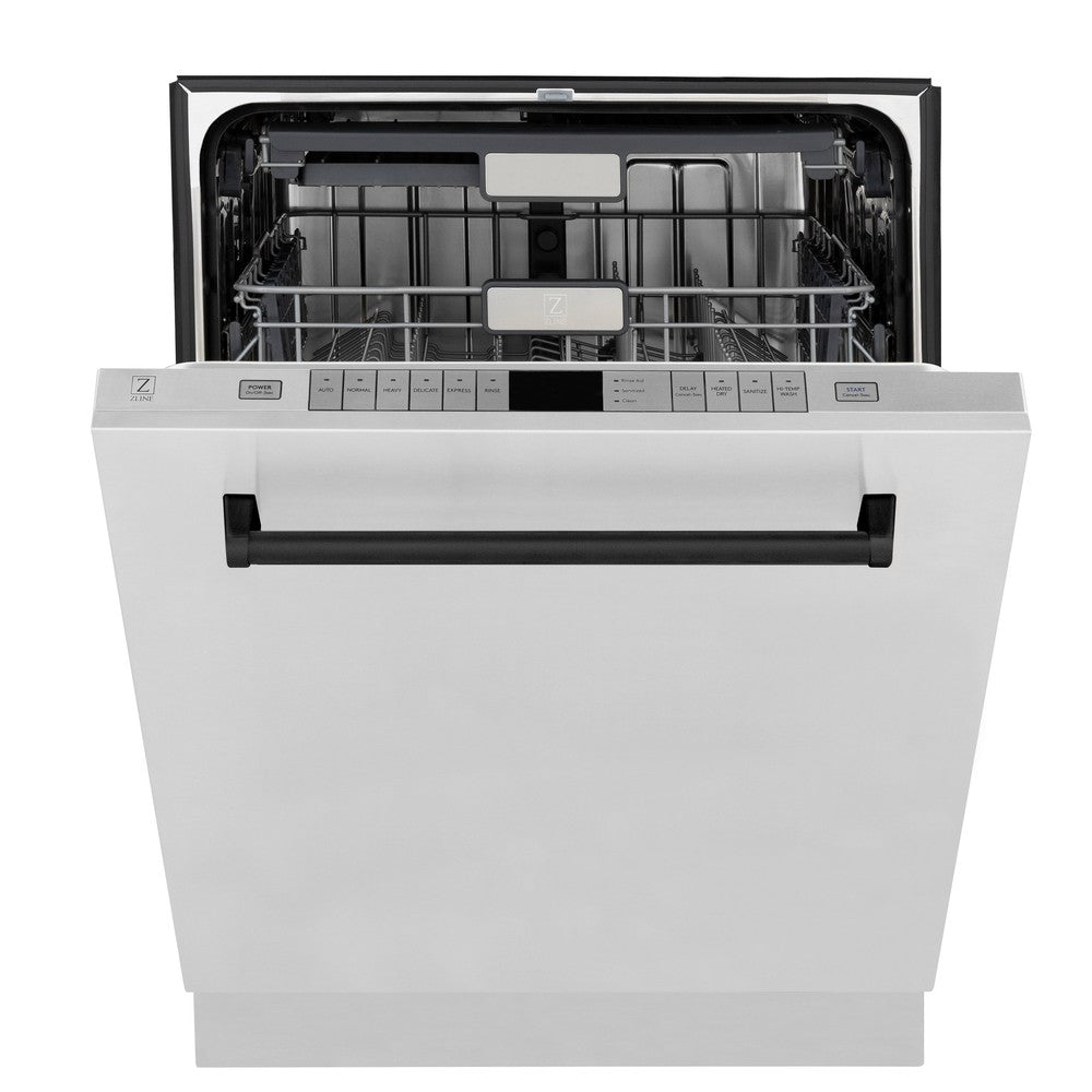 ZLINE Autograph Edition 24 in. Monument Series 3rd Rack Top Control Built-In Tall Tub Dishwasher in Stainless Steel with Matte Black Handle, 45dBa (DWMTZ-304-24-MB) front, half open.