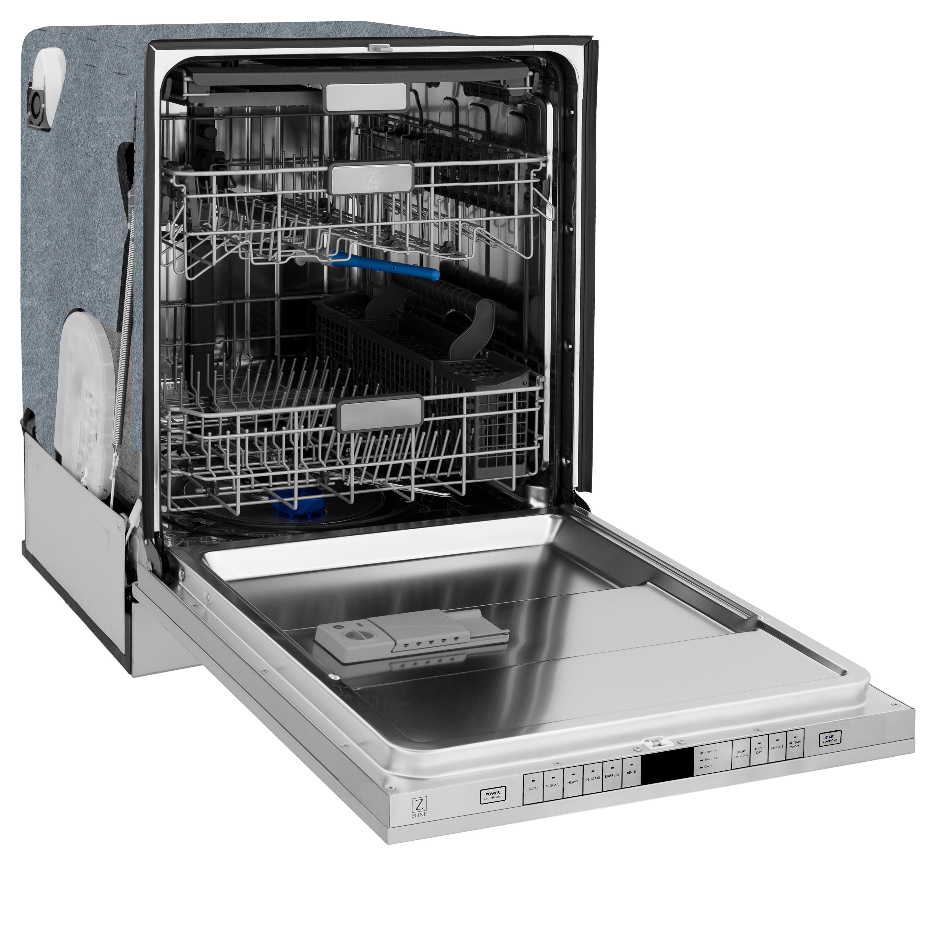 ZLINE Autograph Edition 24 in. Monument Dishwasher in Stainless Steel with Matte Black Handle (DWMTZ-304-24-MB) Side View Door Open