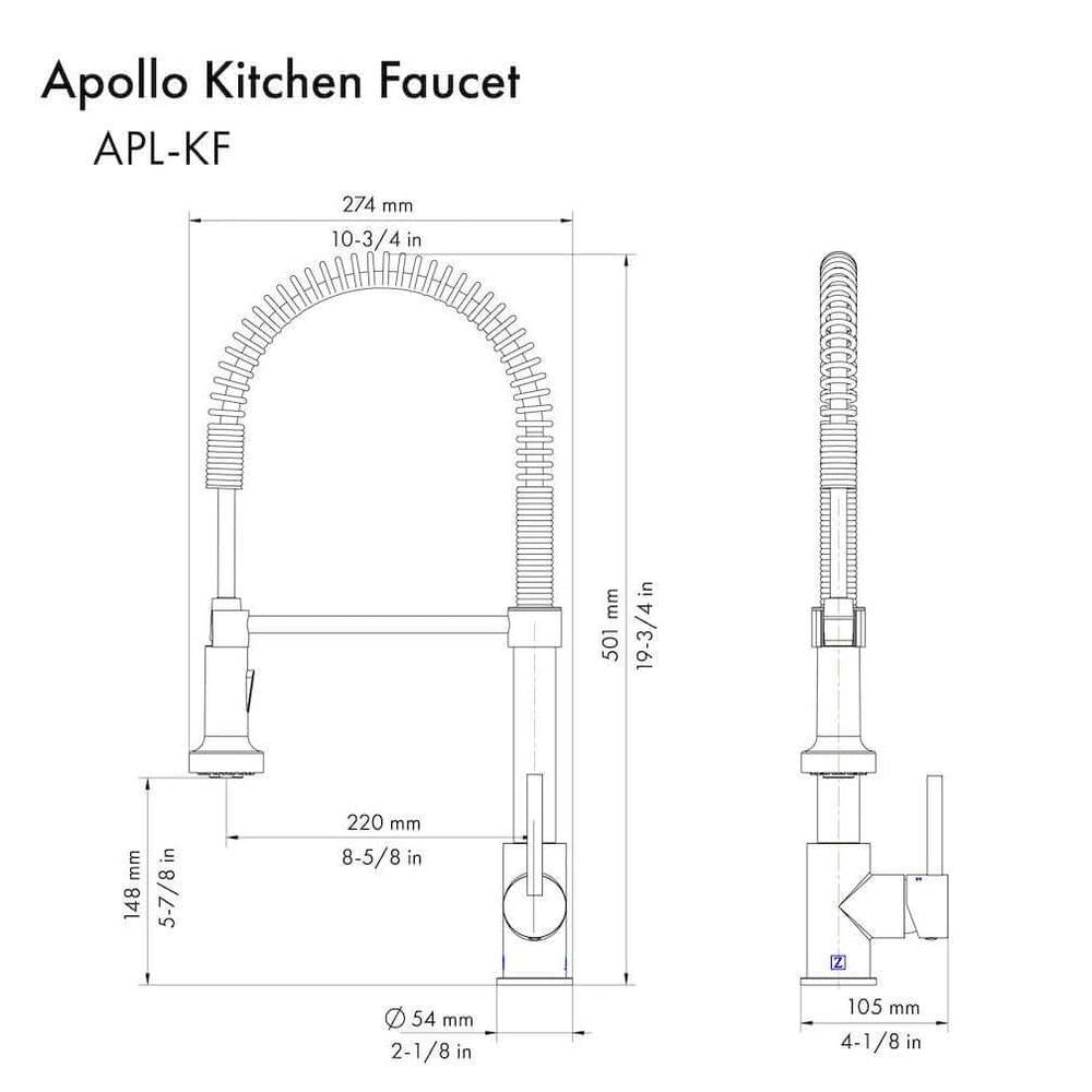 ZLINE Autograph Edition Apollo Pull Down Spring Single Handle Kitchen Faucet in Brushed Nickel and Champagne Bronze (APL-KF-ZBNCB) dimensional diagram.