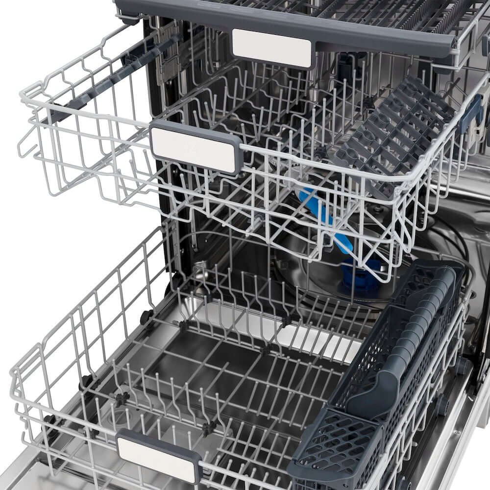 ZLINE Autograph Edition 24 in. Monument Series 3rd Rack Top Touch Control Tall Tub Dishwasher in Black Matte with Champagne Bronze Handle, 45dBa (DWMTZ-BLM-24-CB) adjustable dish racks.