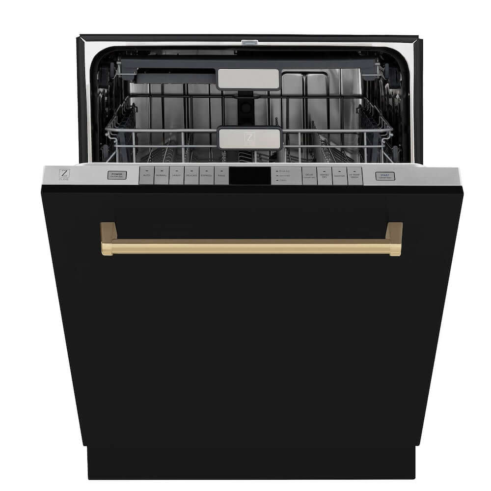 ZLINE Autograph Edition 24 in. Monument Series 3rd Rack Top Touch Control Tall Tub Dishwasher in Black Matte with Champagne Bronze Handle, 45dBa (DWMTZ-BLM-24-CB) front, half open.