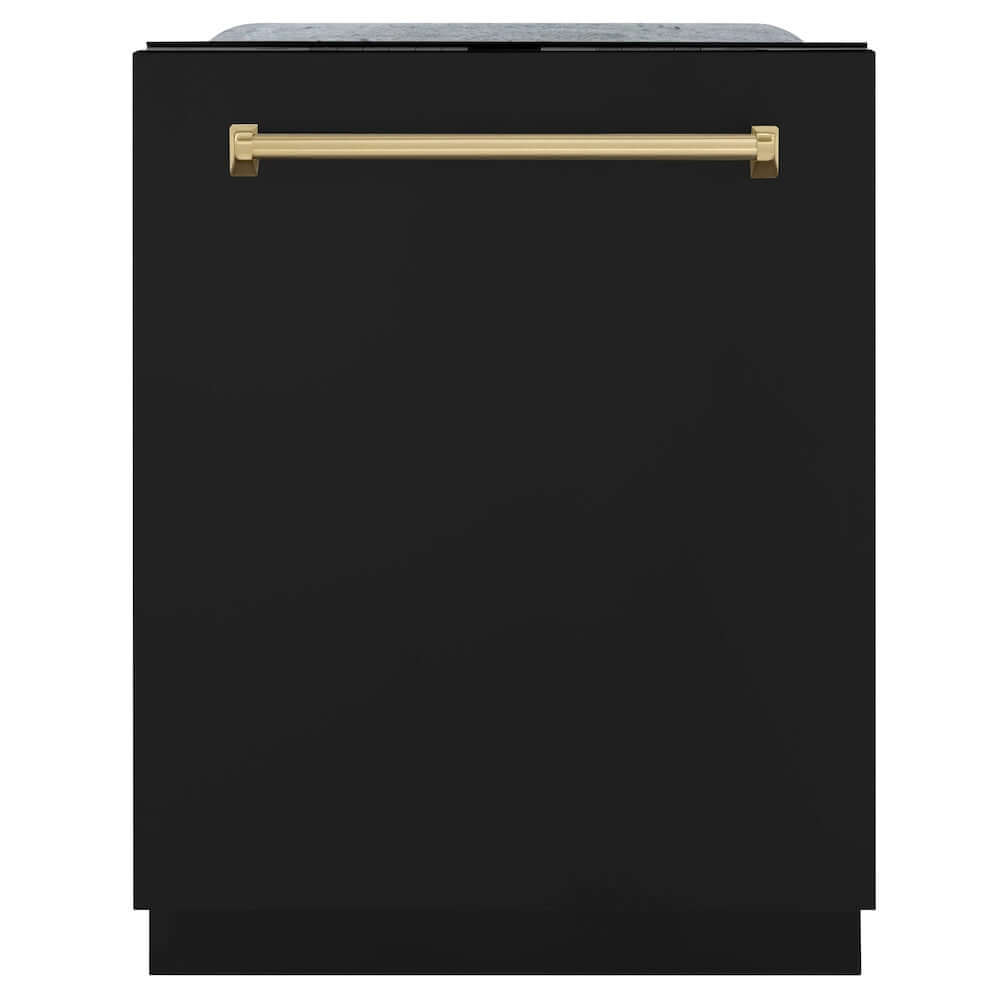 ZLINE Autograph Edition 24 in. Monument Series 3rd Rack Top Touch Control Tall Tub Dishwasher in Black Matte with Champagne Bronze Handle, 45dBa (DWMTZ-BLM-24-CB) front, closed.