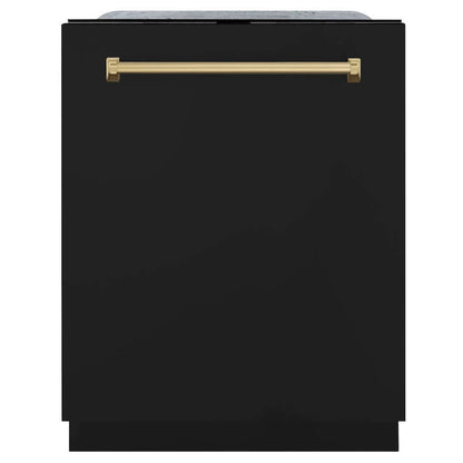 ZLINE Autograph Edition 24 in. Monument Series 3rd Rack Top Touch Control Tall Tub Dishwasher in Black Matte with Champagne Bronze Handle, 45dBa (DWMTZ-BLM-24-CB) front, closed.