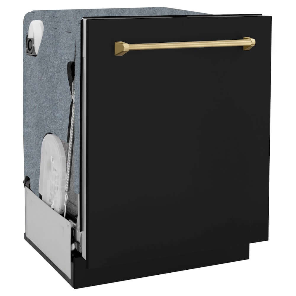 ZLINE Autograph Edition 24 in. Monument Tall Tub Dishwasher in Black Matte with Champagne Bronze Handle (DWMTZ-BLM-24-CB) side, door closed.