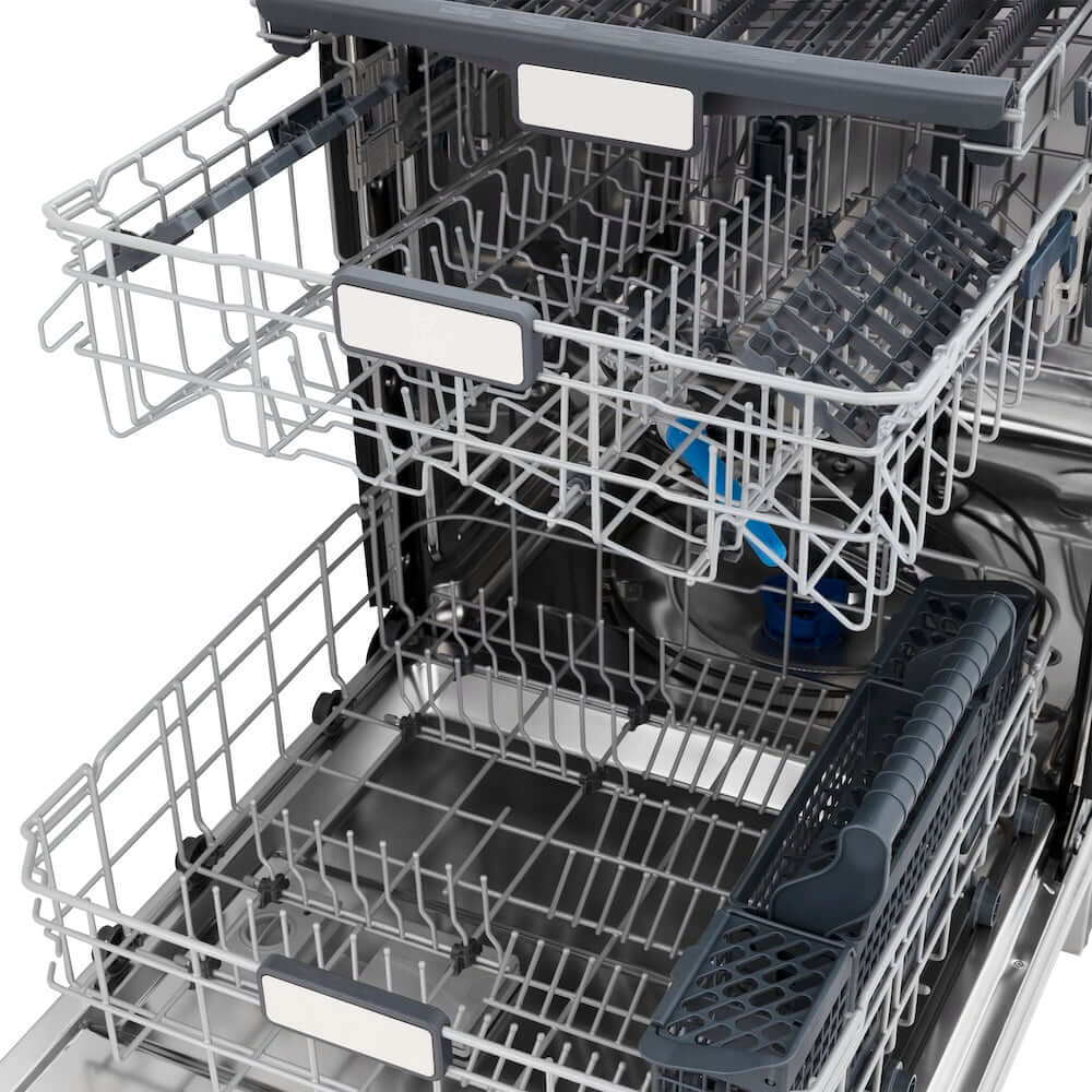 ZLINE Autograph Edition 24 in. Monument Series 3rd Rack Top Touch Control Tall Tub Dishwasher in Black Matte with Polished Gold Handle, 45dBa (DWMTZ-BLM-24-G) adjustable dish racks.