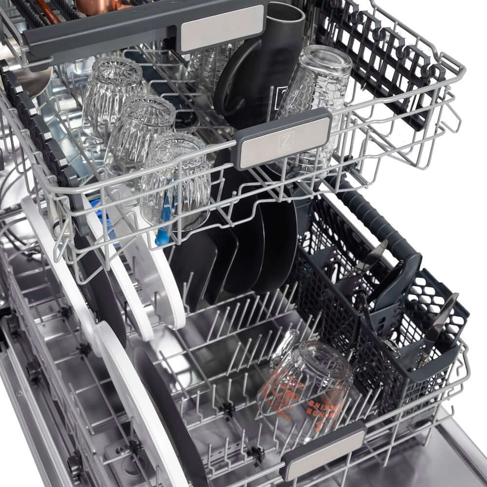 ZLINE Autograph Edition Monument dishwasher with dishes on three adjustable racks.