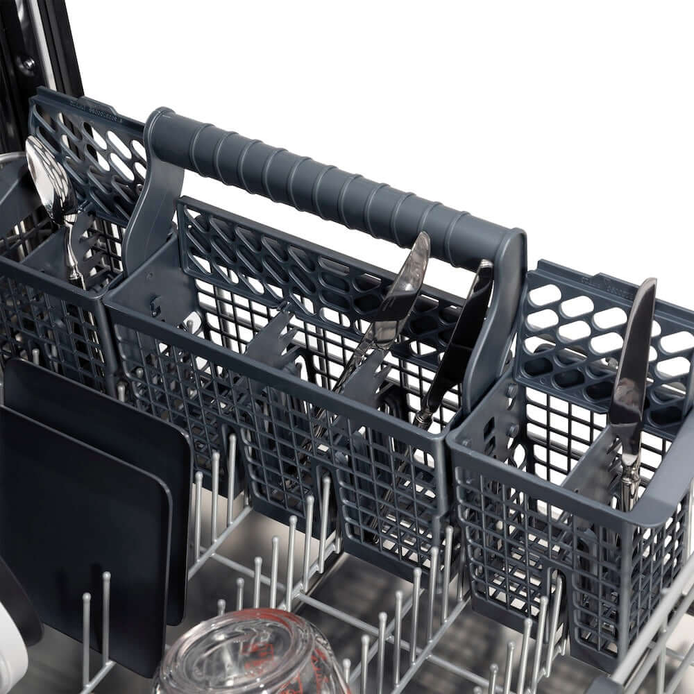 ZLINE Autograph Edition 24 in. Monument Series 3rd Rack Top Touch Control Tall Tub Dishwasher in Black Matte with Polished Gold Handle, 45dBa (DWMTZ-BLM-24-G) close-up, utensil holder on bottom dish rack.