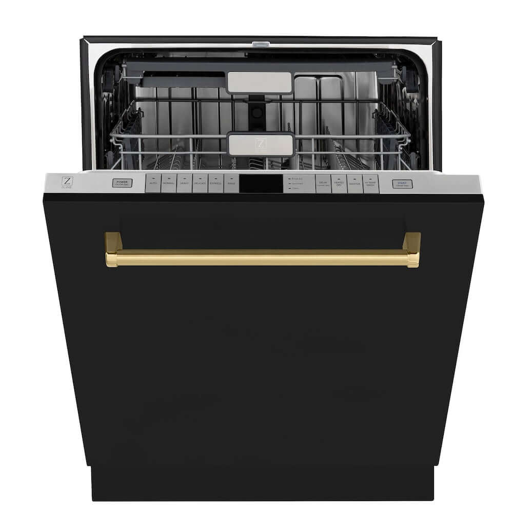 ZLINE Autograph Edition 24 in. Monument Series 3rd Rack Top Touch Control Tall Tub Dishwasher in Black Matte with Polished Gold Handle, 45dBa (DWMTZ-BLM-24-G) front, half open.