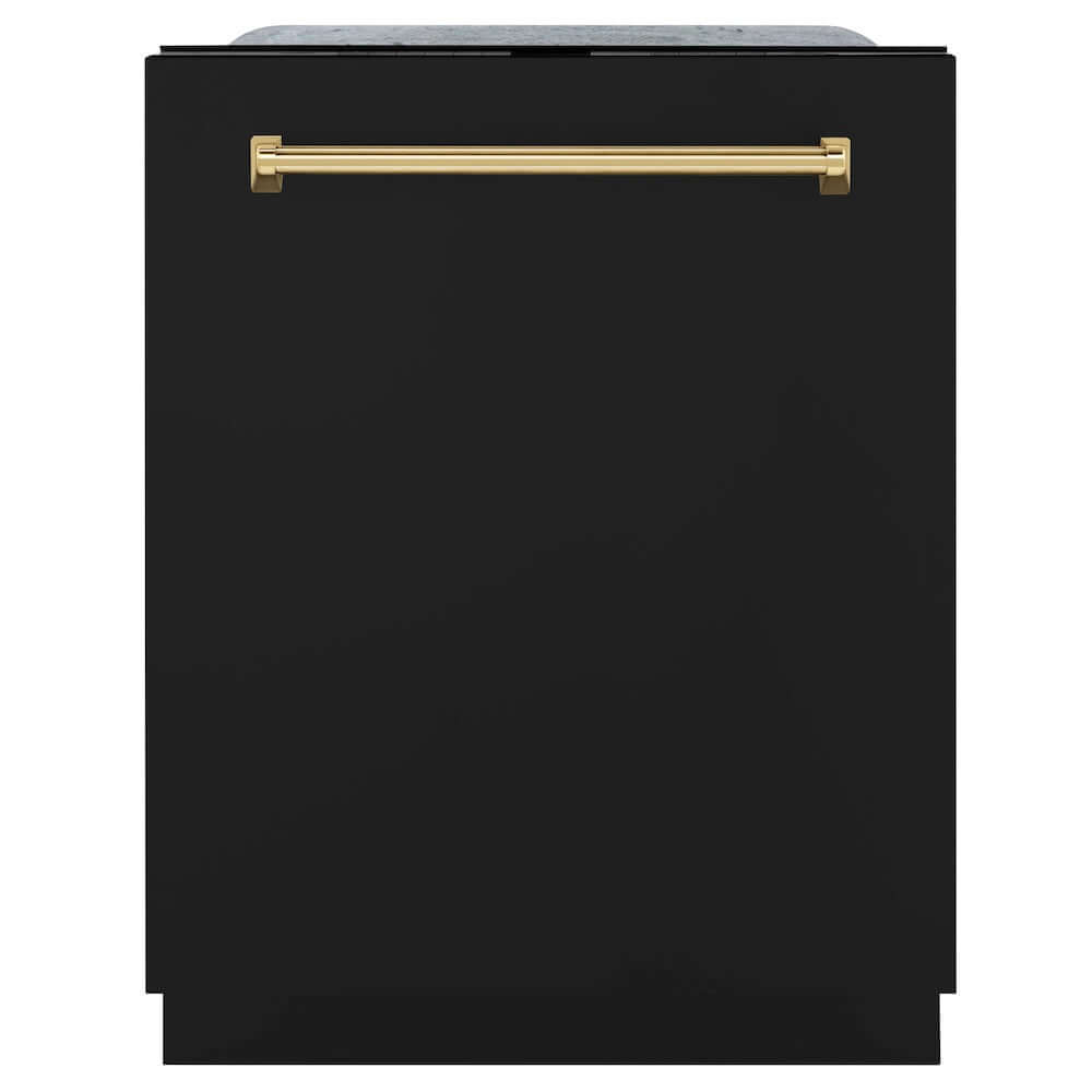 ZLINE Autograph Edition 24 in. Monument Series 3rd Rack Top Touch Control Tall Tub Dishwasher in Black Matte with Polished Gold Handle, 45dBa (DWMTZ-BLM-24-G)