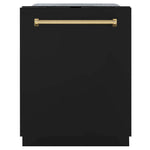 ZLINE Autograph Edition 24 in. Monument Series 3rd Rack Top Touch Control Tall Tub Dishwasher in Black Matte with Polished Gold Handle, 45dBa (DWMTZ-BLM-24-G) front, closed.