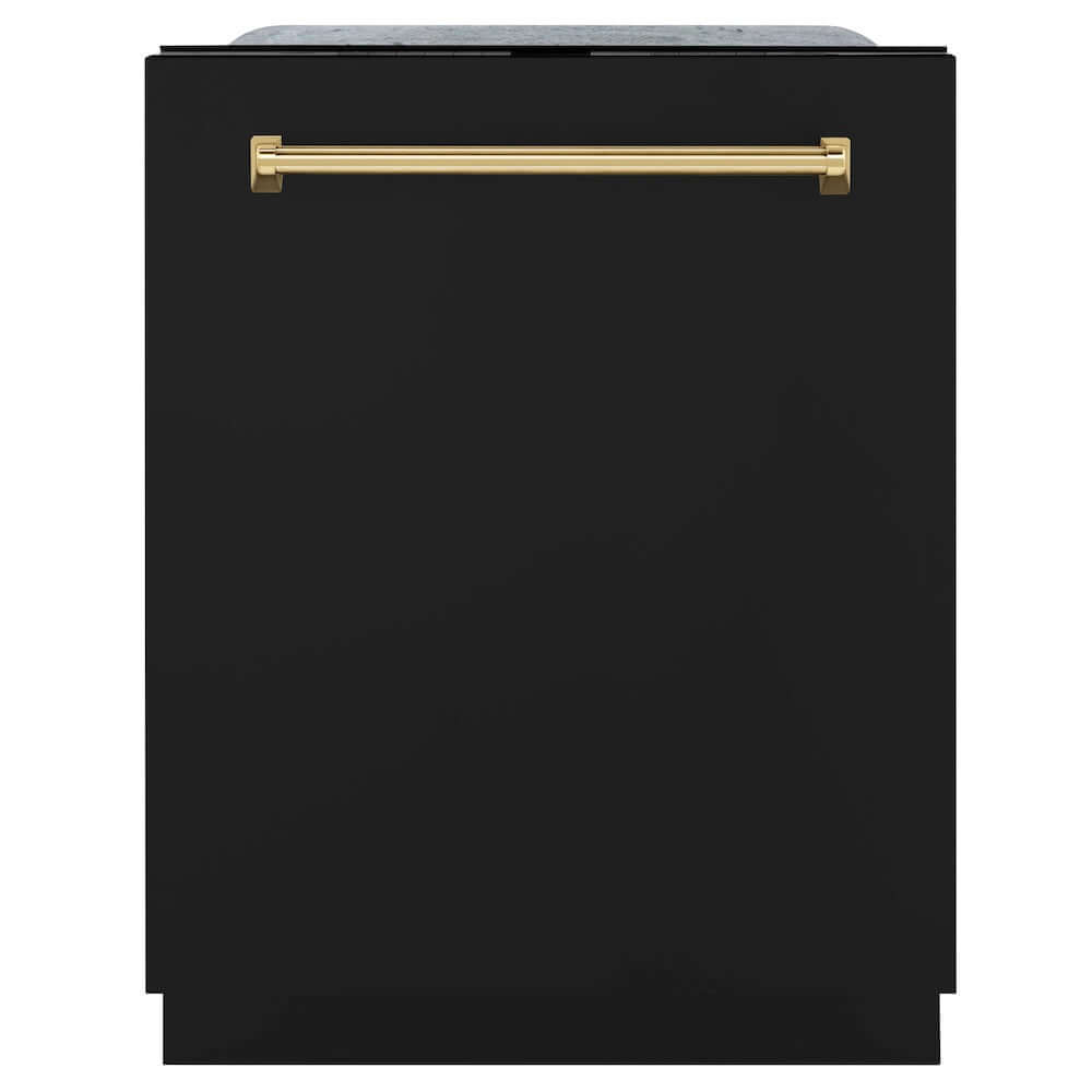 ZLINE Autograph Edition 24 in. Monument Series 3rd Rack Top Touch Control Tall Tub Dishwasher in Black Matte with Polished Gold Handle, 45dBa (DWMTZ-BLM-24-G) front, closed.