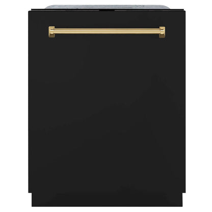 ZLINE Autograph Edition 24 in. Monument Series 3rd Rack Top Touch Control Tall Tub Dishwasher in Black Matte with Polished Gold Handle, 45dBa (DWMTZ-BLM-24-G) front, closed.