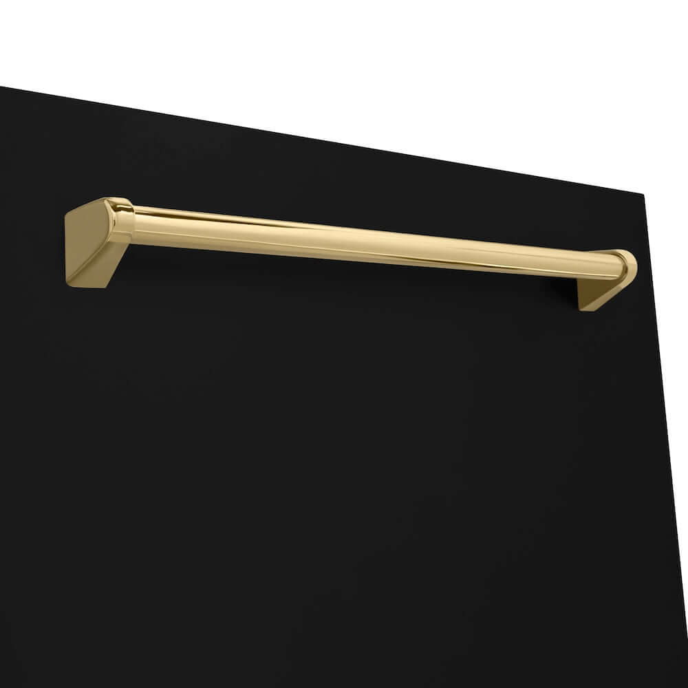 ZLINE Autograph Edition 24 in. Monument Series 3rd Rack Top Touch Control Tall Tub Dishwasher in Black Matte with Polished Gold Handle, 45dBa (DWMTZ-BLM-24-G) close-up, Polished Gold Autograph Edition handle on panel.