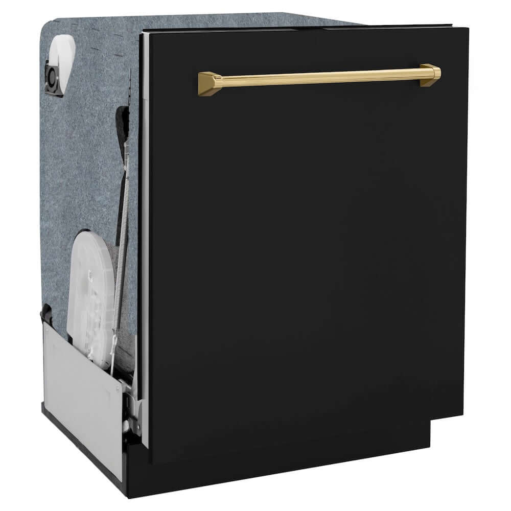 ZLINE Autograph Edition 24 in. Monument Series 3rd Rack Top Touch Control Tall Tub Dishwasher in Black Matte with Polished Gold Handle, 45dBa (DWMTZ-BLM-24-G) side, door closed.
