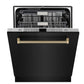 ZLINE Autograph Edition 24 in. Monument Series 3rd Rack Top Touch Control Tall Tub Dishwasher in Black Stainless Steel with Champagne Bronze Helix Handle, 45dBa (DWMTZ-BS-24-KCB) front, half open.
