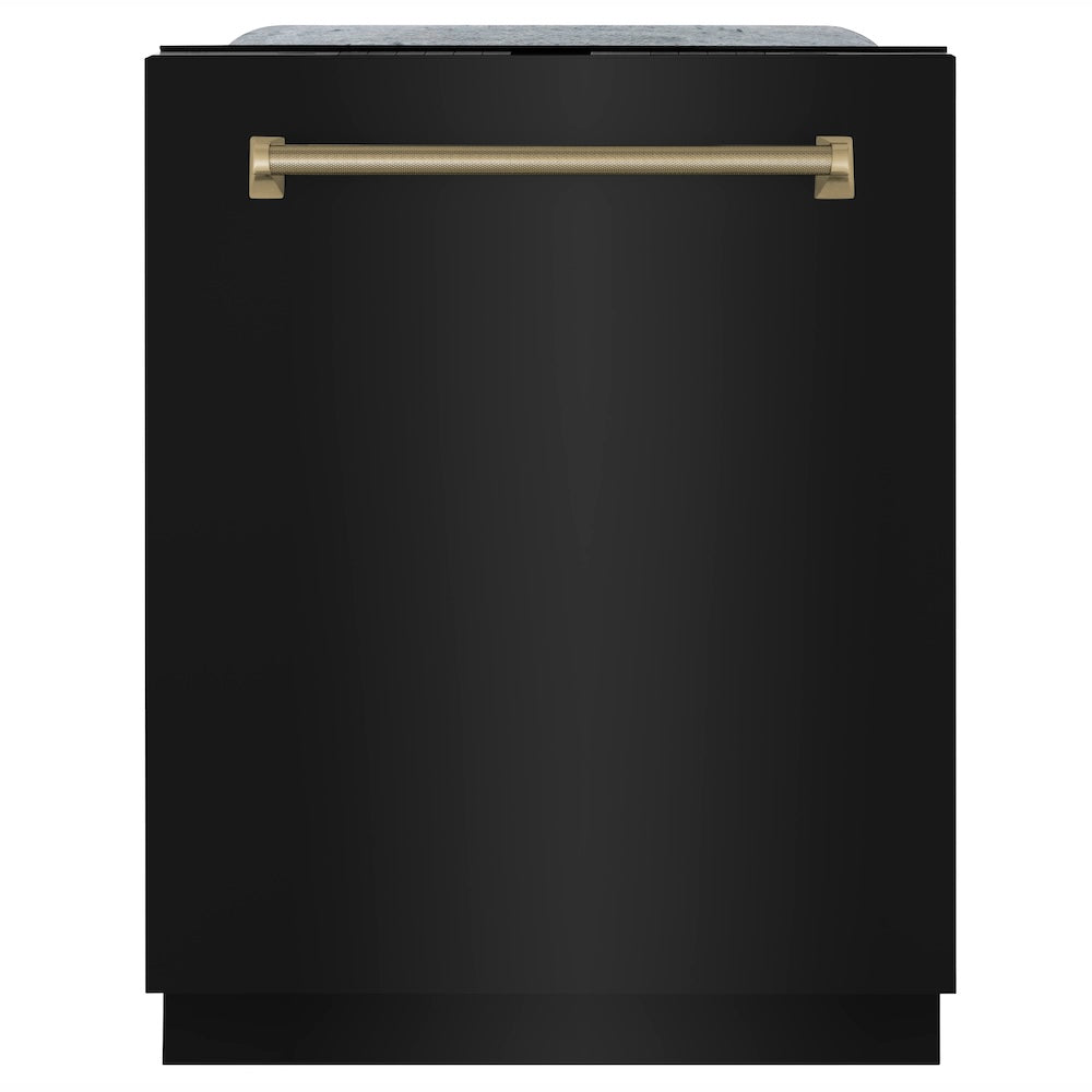 ZLINE Autograph Edition 24 in. Monument Series 3rd Rack Top Touch Control Tall Tub Dishwasher in Black Stainless Steel with Champagne Bronze Helix Handle, 45dBa (DWMTZ-BS-24-KCB) front.