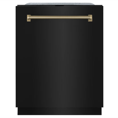 ZLINE Autograph Edition 24 in. Monument Series 3rd Rack Top Touch Control Tall Tub Dishwasher in Black Stainless Steel with Champagne Bronze Helix Handle, 45dBa (DWMTZ-BS-24-KCB) front.