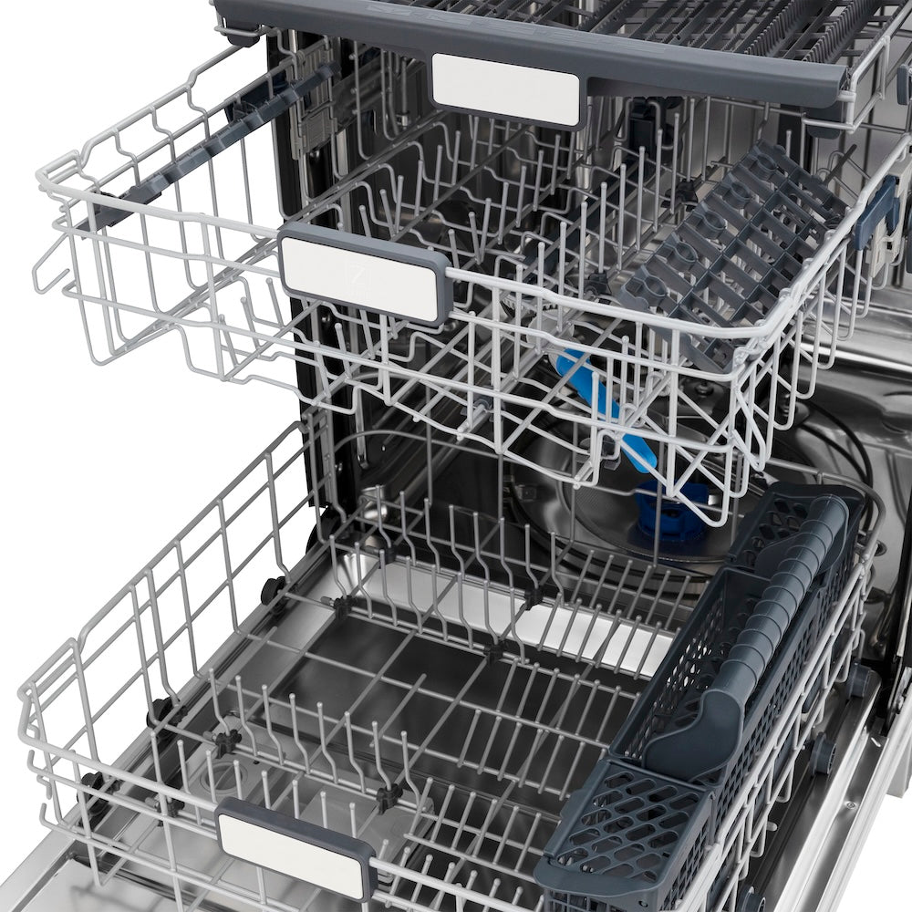 ZLINE Autograph Edition 24 in. Monument Series 3rd Rack Top Touch Control Tall Tub Dishwasher in Black Stainless Steel with Polished Gold Helix Handle, 45dBa (DWMTZ-BS-24-KG) racks and compartments, empty.