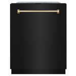 ZLINE Autograph Edition 24 in. Monument Series 3rd Rack Top Touch Control Tall Tub Dishwasher in Black Stainless Steel with Polished Gold Helix Handle, 45dBa (DWMTZ-BS-24-KG) front.