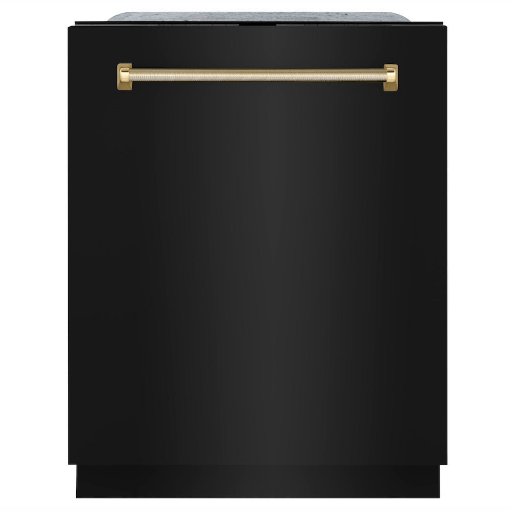 ZLINE Autograph Edition 24 in. Monument Series 3rd Rack Top Touch Control Tall Tub Dishwasher in Black Stainless Steel with Polished Gold Helix Handle, 45dBa (DWMTZ-BS-24-KG) front.