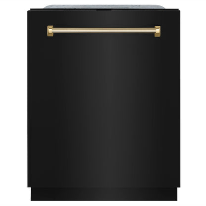 ZLINE Autograph Edition 24 in. Monument Series 3rd Rack Top Touch Control Tall Tub Dishwasher in Black Stainless Steel with Polished Gold Helix Handle, 45dBa (DWMTZ-BS-24-KG) front.