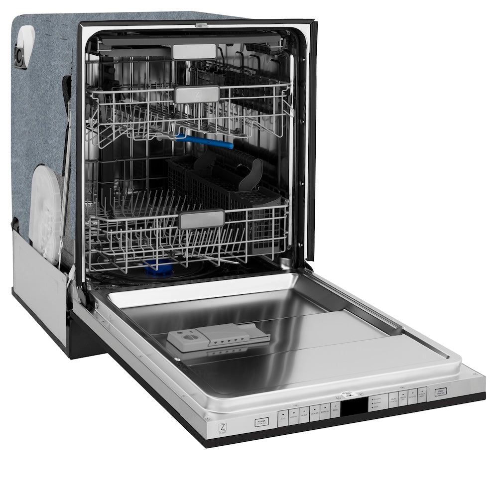 ZLINE Autograph Edition 24 in. Monument Series 3rd Rack Top Touch Control Tall Tub Dishwasher in Black Stainless Steel with Polished Gold Helix Handle, 45dBa (DWMTZ-BS-24-KG) side, open.