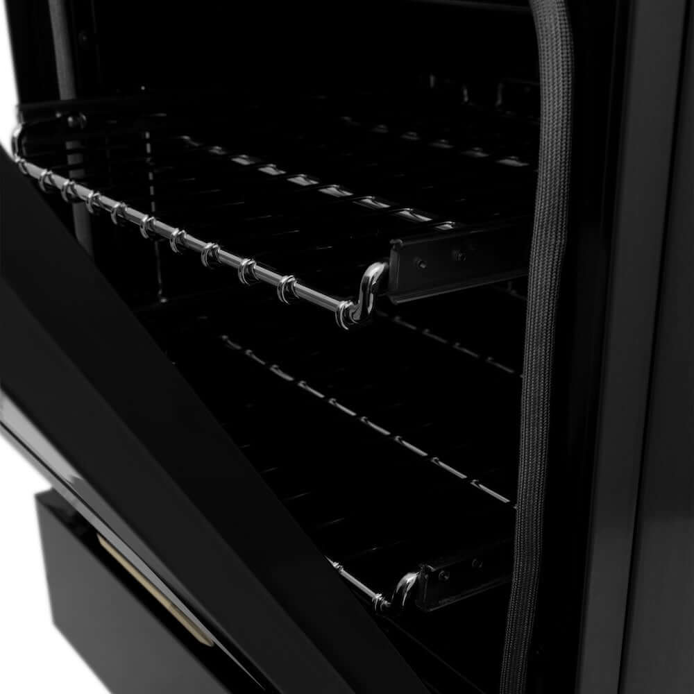 ZLINE Autograph Edition 24 in. 2.8 cu. ft. Legacy Dual Fuel Range with 4 Burner Gas Cooktop and Electric Convection Oven in Black Stainless Steel and Champagne Bronze Accents, Open Box-Good Condition