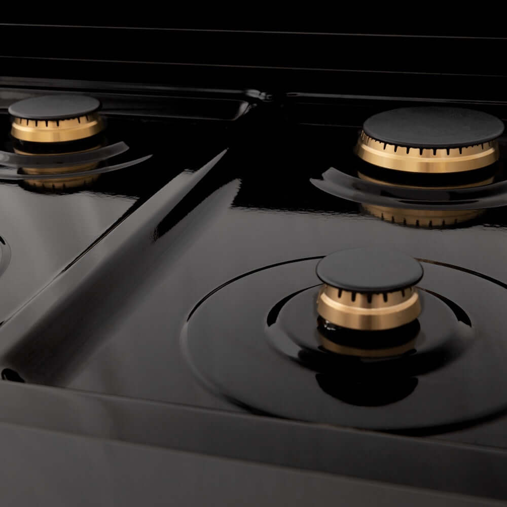 ZLINE Autograph Edition 24 in. 2.8 cu. ft. Legacy Dual Fuel Range with 4 Burner Gas Cooktop and Electric Convection Oven in Black Stainless Steel and Champagne Bronze Accents, Open Box-Good Condition
