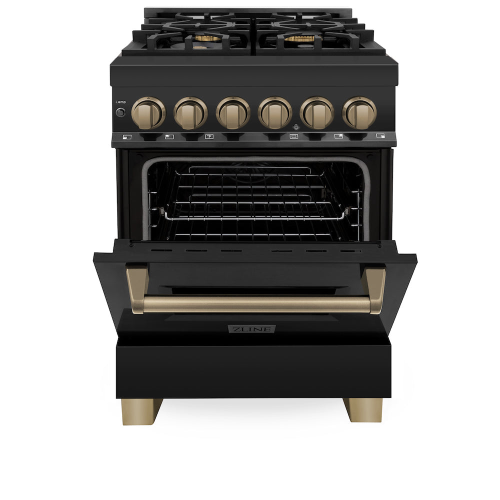 ZLINE Autograph Edition 24 in. 2.8 cu. ft. Dual Fuel Range with Gas Stove and Electric Oven in Black Stainless Steel with Champagne Bronze Accents (RABZ-24-CB) front, oven half open.