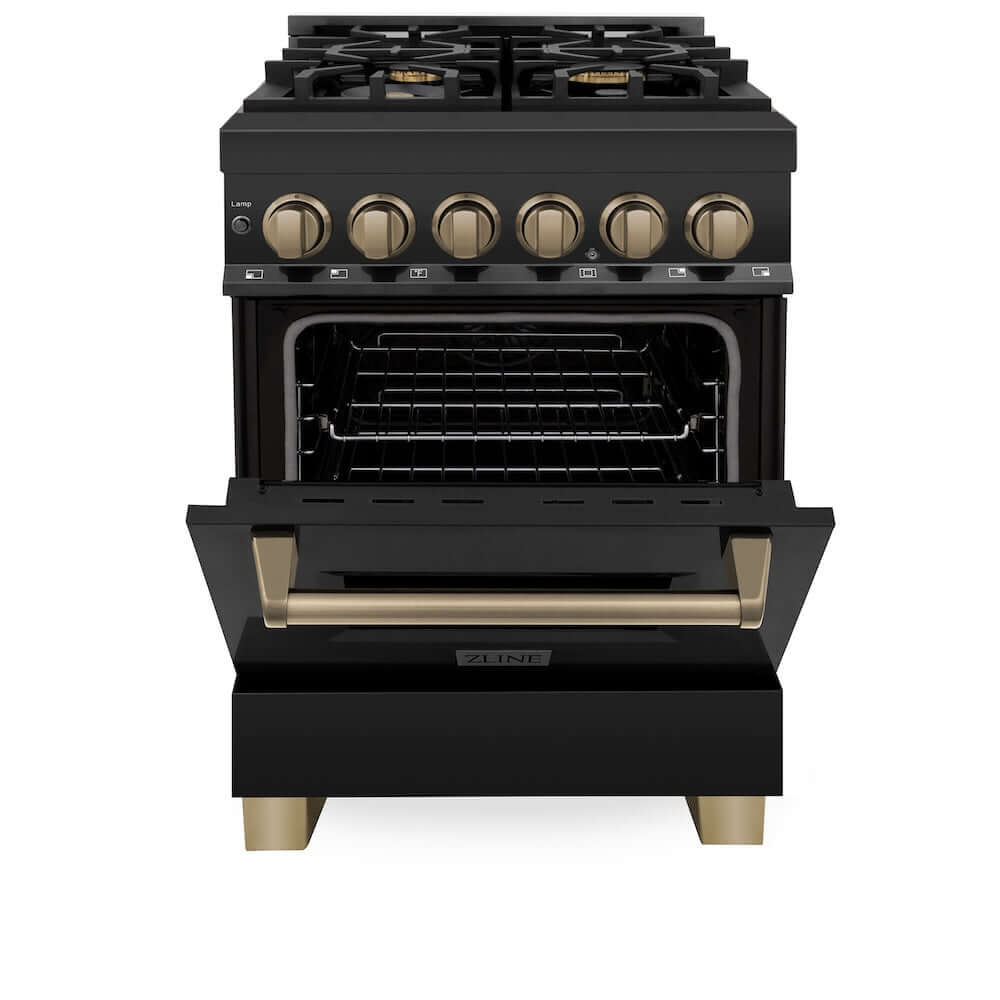 ZLINE Autograph Edition 24 in. 2.8 cu. ft. Legacy Dual Fuel Range with 4 Burner Gas Cooktop and Electric Convection Oven in Black Stainless Steel and Champagne Bronze Accents, Open Box-Good Condition