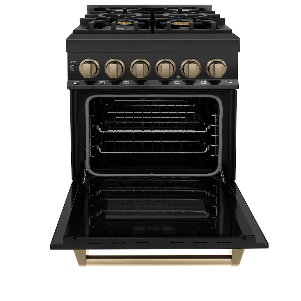 ZLINE Autograph Edition 24 in. 2.8 cu. ft. Dual Fuel Range with Gas Stove and Electric Oven in Black Stainless Steel with Champagne Bronze Accents (RABZ-24-CB) front, oven open.