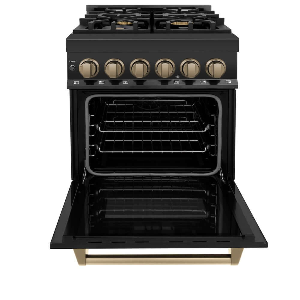 ZLINE Autograph Edition 24 in. 2.8 cu. ft. Legacy Dual Fuel Range with 4 Burner Gas Cooktop and Electric Convection Oven in Black Stainless Steel and Champagne Bronze Accents, Open Box-Good Condition