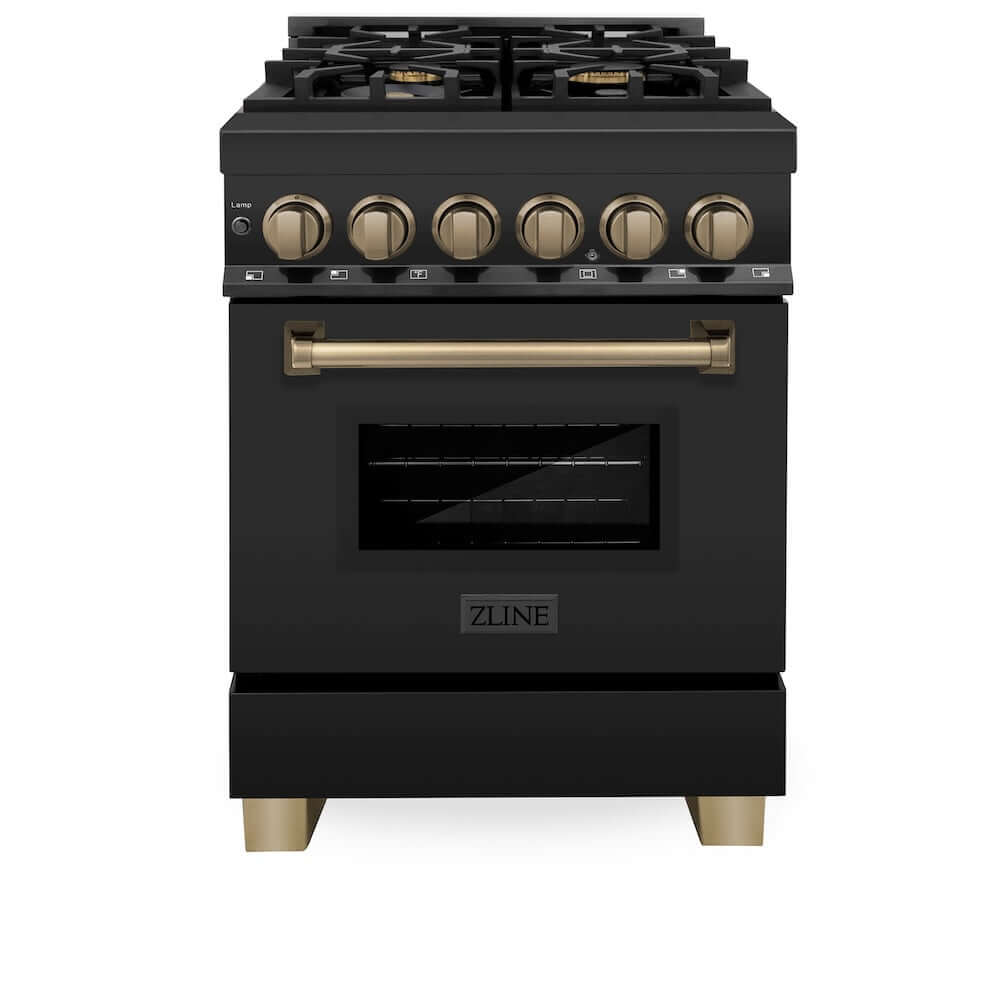 ZLINE Autograph Edition 24 in. 2.8 cu. ft. Legacy Dual Fuel Range with 4 Burner Gas Cooktop and Electric Convection Oven in Black Stainless Steel and Champagne Bronze Accents, Open Box-Good Condition