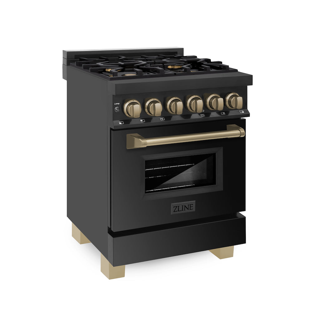 ZLINE Autograph Edition 24 in. 2.8 cu. ft. Legacy Dual Fuel Range with 4 Burner Gas Cooktop and Electric Convection Oven in Black Stainless Steel and Champagne Bronze Accents (RABZ-24-CB)