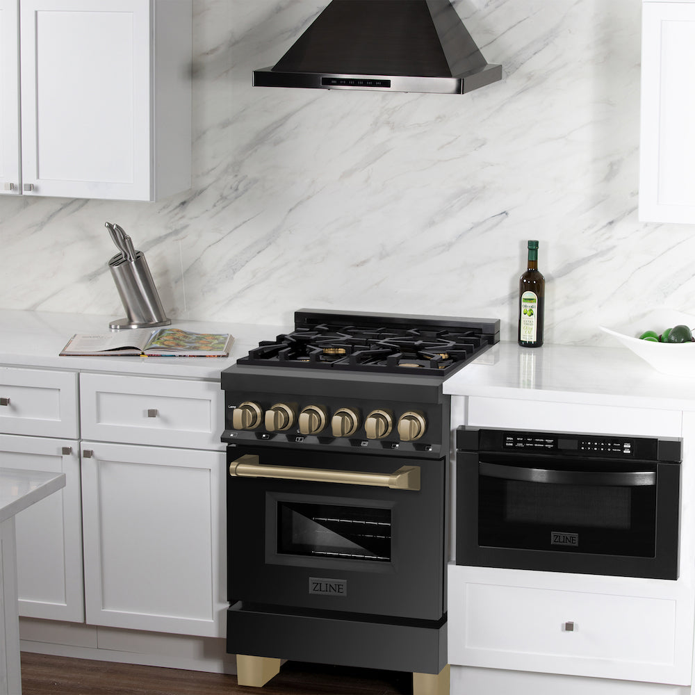 ZLINE Autograph Edition 24 in. 2.8 cu. ft. Dual Fuel Range with Gas Stove and Electric Oven in Black Stainless Steel with Champagne Bronze Accents (RABZ-24-CB) 