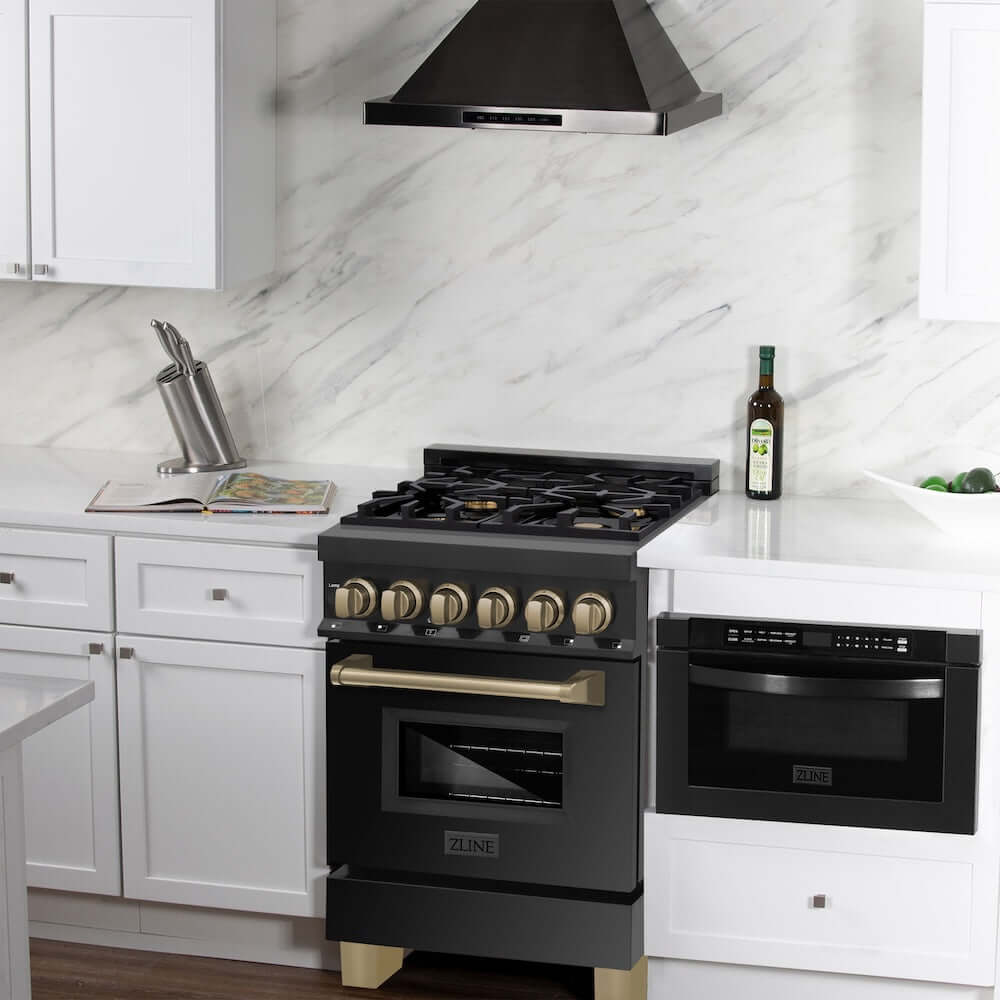 ZLINE Autograph Edition 24 in. 2.8 cu. ft. Legacy Dual Fuel Range with 4 Burner Gas Cooktop and Electric Convection Oven in Black Stainless Steel and Champagne Bronze Accents, Open Box-Good Condition