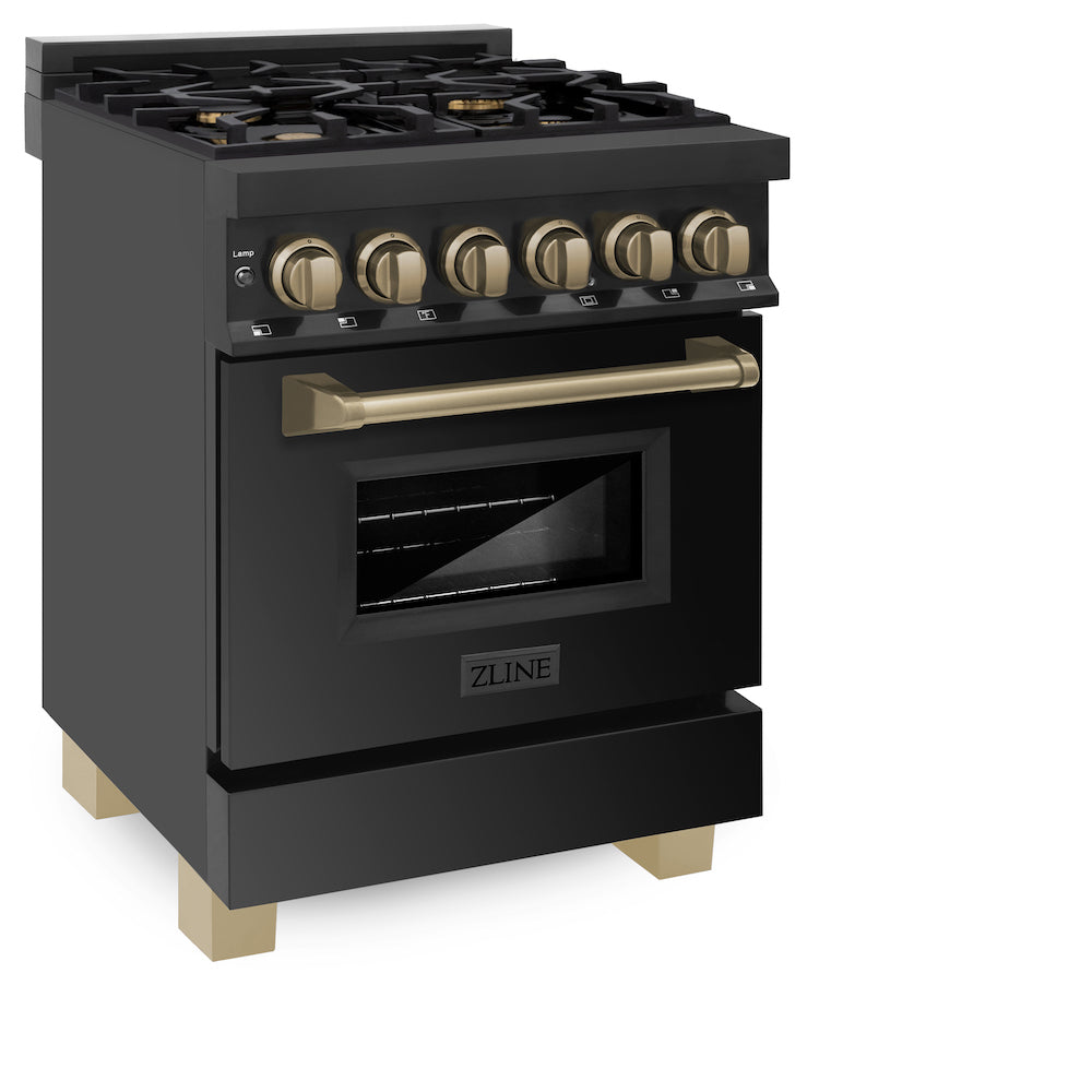 ZLINE Autograph Edition 24 in. 2.8 cu. ft. Legacy Dual Fuel Range with 4 Burner Gas Cooktop and Electric Convection Oven in Black Stainless Steel and Champagne Bronze Accents (RABZ-24-CB) side, oven closed.