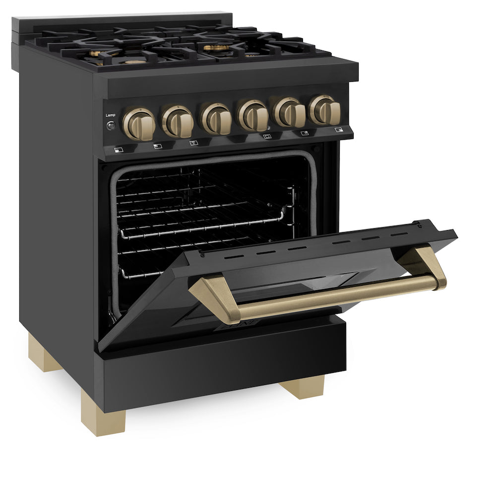 ZLINE Autograph Edition 24 in. 2.8 cu. ft. Dual Fuel Range with Gas Stove and Electric Oven in Black Stainless Steel with Champagne Bronze Accents (RABZ-24-CB) side, oven half open.