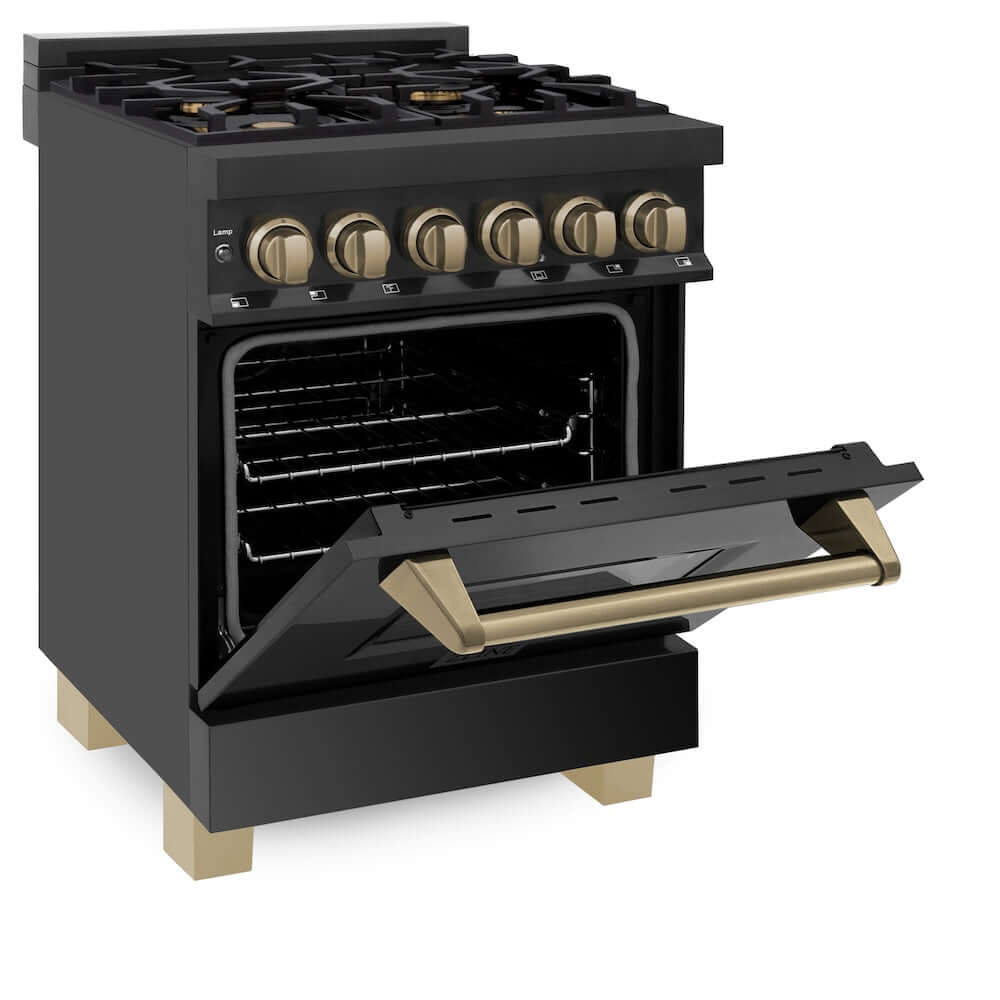 ZLINE Autograph Edition 24 in. 2.8 cu. ft. Legacy Dual Fuel Range with 4 Burner Gas Cooktop and Electric Convection Oven in Black Stainless Steel and Champagne Bronze Accents, Open Box-Good Condition