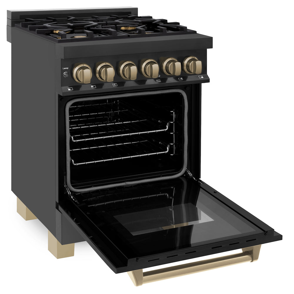 ZLINE Autograph Edition 24 in. 2.8 cu. ft. Legacy Dual Fuel Range with 4 Burner Gas Cooktop and Electric Convection Oven in Black Stainless Steel and Champagne Bronze Accents (RABZ-24-CB) side, oven open.