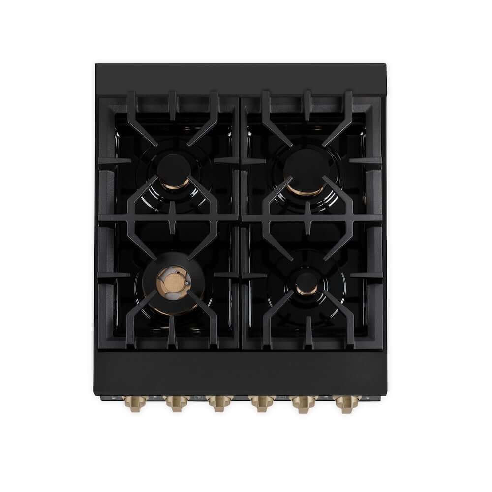 ZLINE Autograph Edition 24 in. 2.8 cu. ft. Legacy Dual Fuel Range with 4 Burner Gas Cooktop and Electric Convection Oven in Black Stainless Steel and Champagne Bronze Accents, Open Box-Good Condition