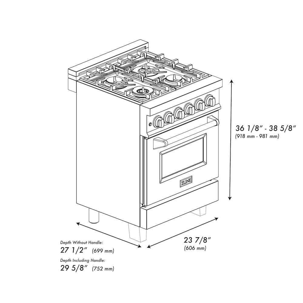ZLINE Autograph Edition 24 in. 2.8 cu. ft. Legacy Dual Fuel Range with 4 Burner Gas Cooktop and Electric Convection Oven in Black Stainless Steel and Polished Gold Accents, Open Box-Good Condition dimensional diagram.