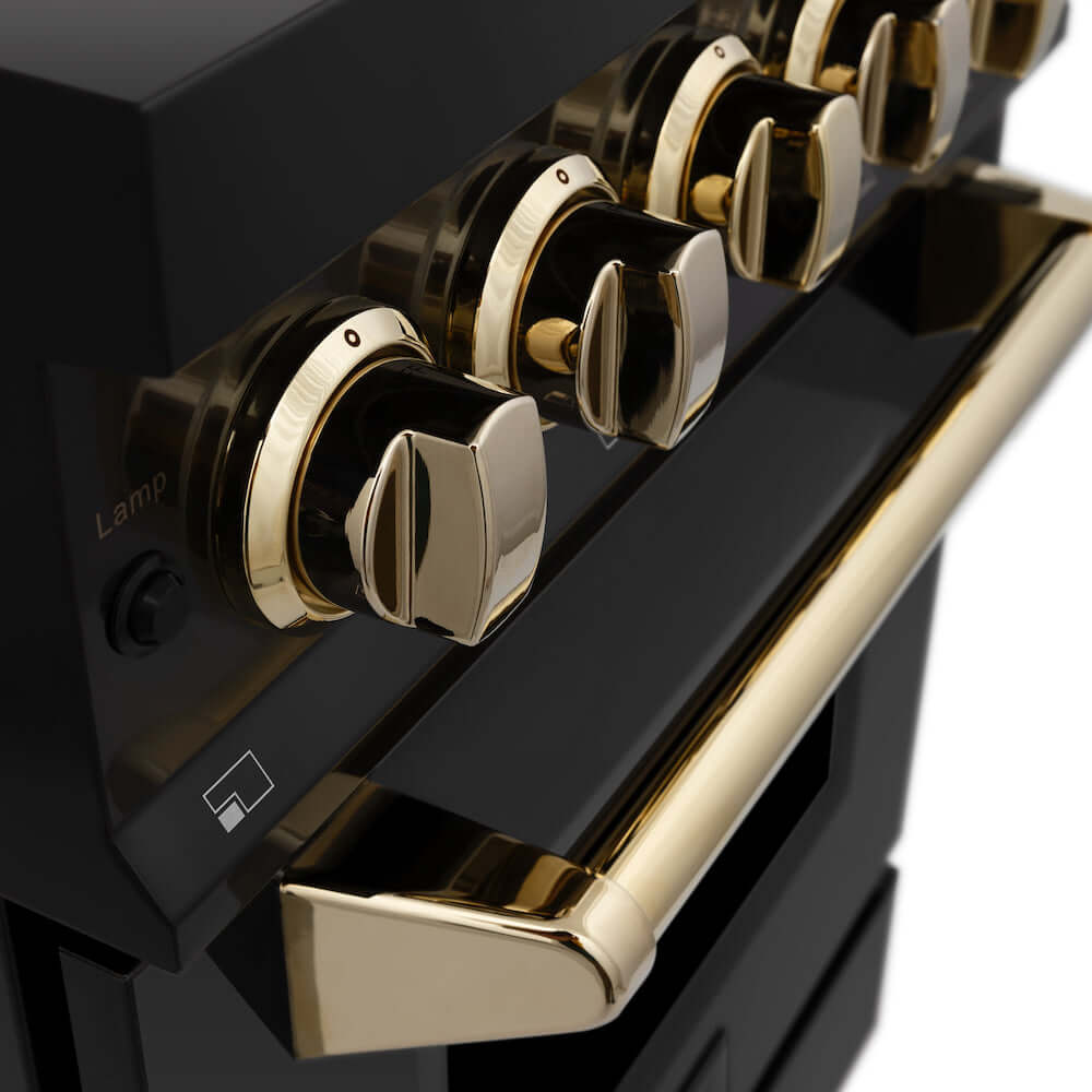 ZLINE Autograph Edition Polished Gold accents close up on a black stainless steel range.
