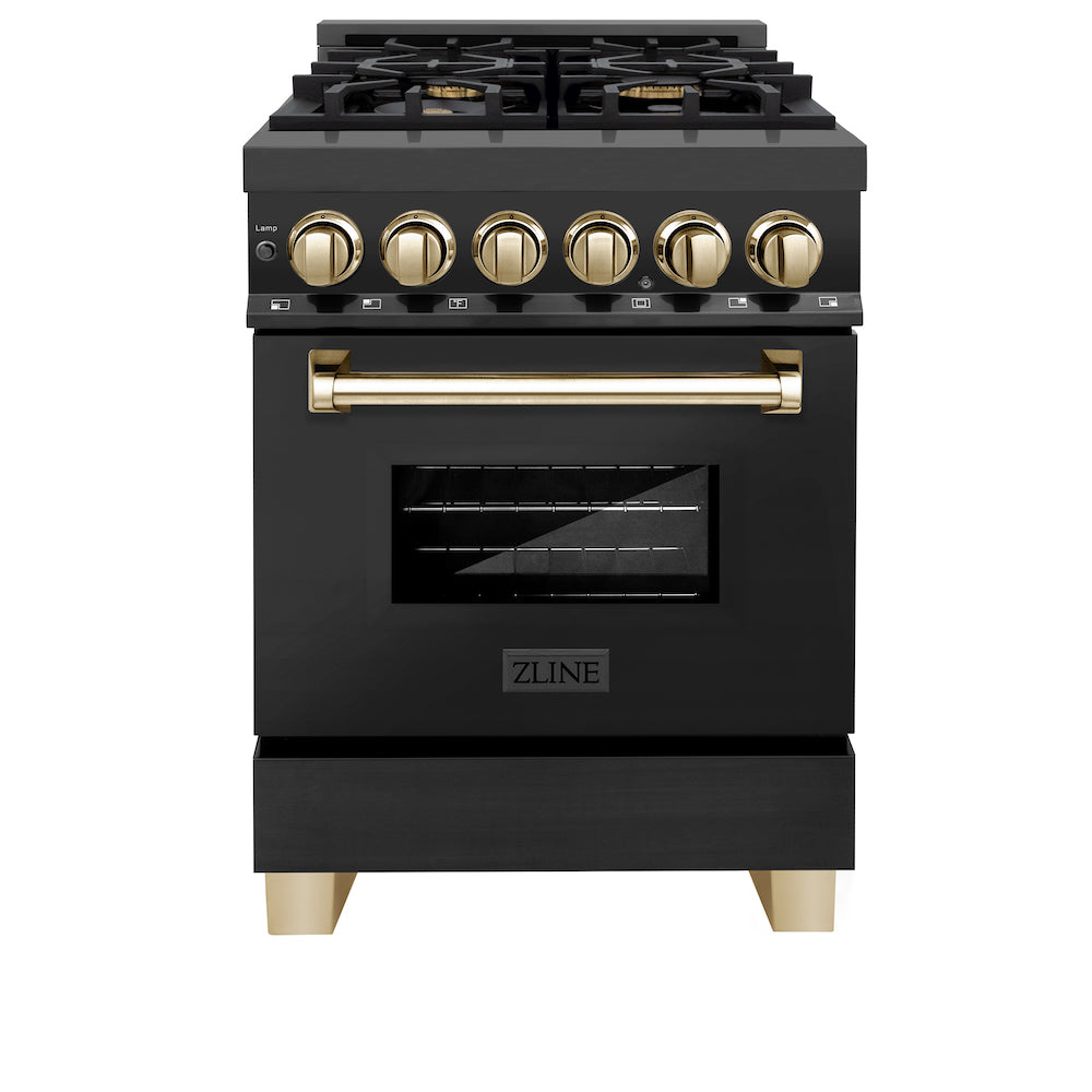 ZLINE Autograph Edition 24 in. 2.8 cu. ft. Dual Fuel Range with Gas Stove and Electric Oven in Black Stainless Steel with Polished Gold Accents (RABZ-24-G) front, oven closed.