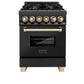 ZLINE Autograph Edition 24 in. 2.8 cu. ft. Legacy Dual Fuel Range with 4 Burner Gas Cooktop and Electric Convection Oven in Black Stainless Steel and Polished Gold Accents, Open Box-Good Condition