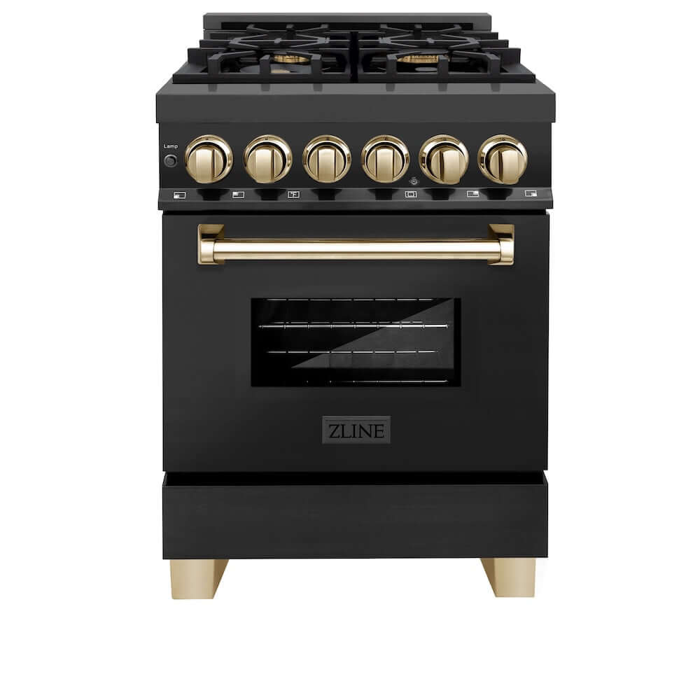ZLINE Autograph Edition 24 in. 2.8 cu. ft. Legacy Dual Fuel Range with 4 Burner Gas Cooktop and Electric Convection Oven in Black Stainless Steel and Polished Gold Accents, Open Box-Good Condition