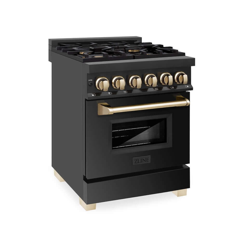 ZLINE Autograph Edition 24 in. 2.8 cu. ft. Legacy Dual Fuel Range with 4 Burner Gas Cooktop and Electric Convection Oven in Black Stainless Steel and Polished Gold Accents, Open Box-Good Condition